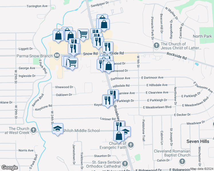 map of restaurants, bars, coffee shops, grocery stores, and more near 5930 Broadview Road in Parma