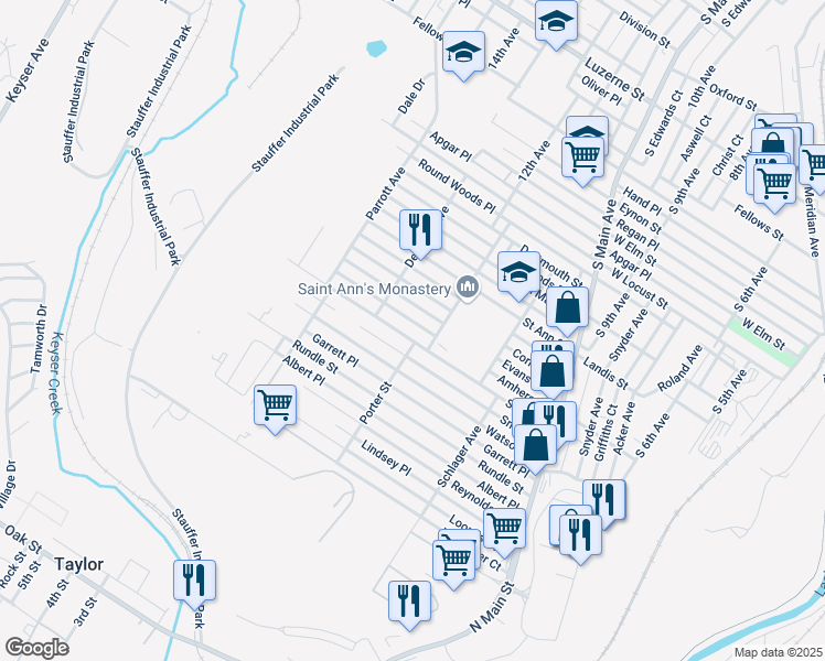 map of restaurants, bars, coffee shops, grocery stores, and more near 1309 Amherst Street in Scranton
