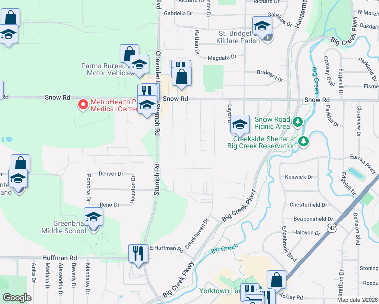 map of restaurants, bars, coffee shops, grocery stores, and more near 5937 Calamie Drive in Parma Heights