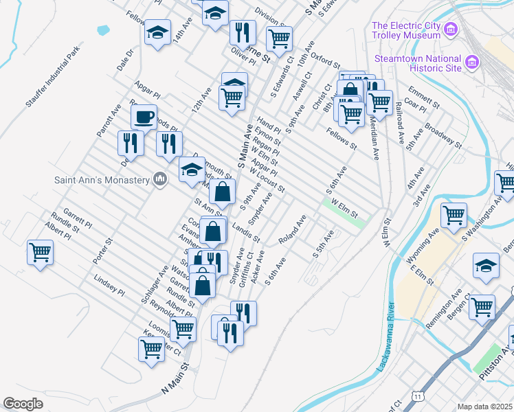 map of restaurants, bars, coffee shops, grocery stores, and more near 806 Archbald Street in Scranton
