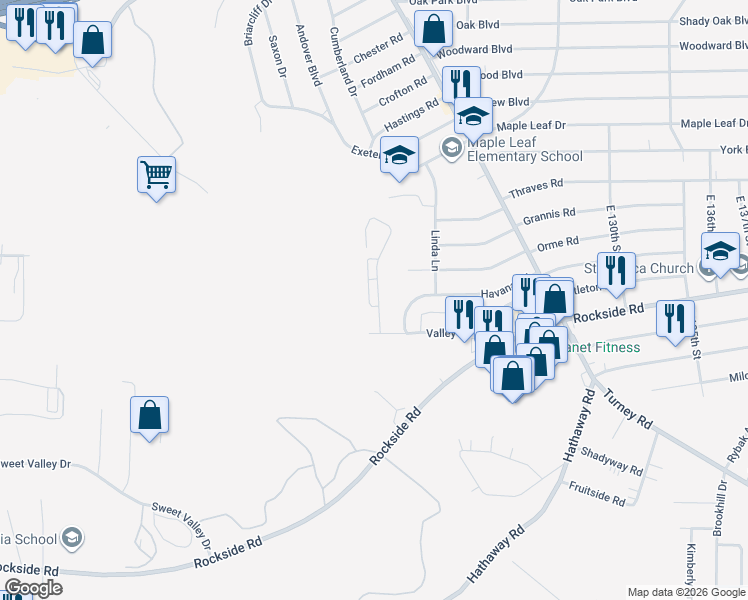 map of restaurants, bars, coffee shops, grocery stores, and more near 6070 Andover Blvd in Cleveland