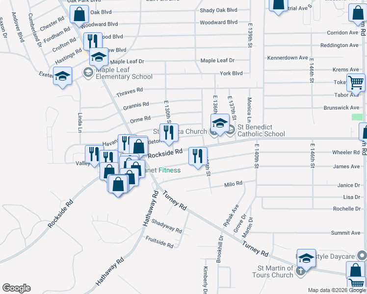 map of restaurants, bars, coffee shops, grocery stores, and more near 13205 Rockside Road in Garfield Heights