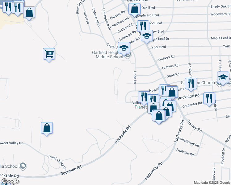 map of restaurants, bars, coffee shops, grocery stores, and more near 6070 Andover Boulevard in Garfield Heights