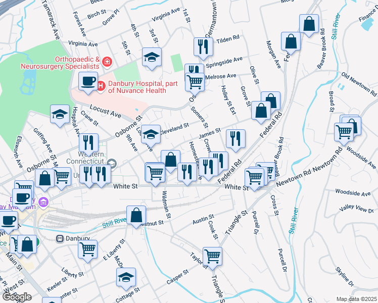 map of restaurants, bars, coffee shops, grocery stores, and more near 27 Meadow Street in Danbury