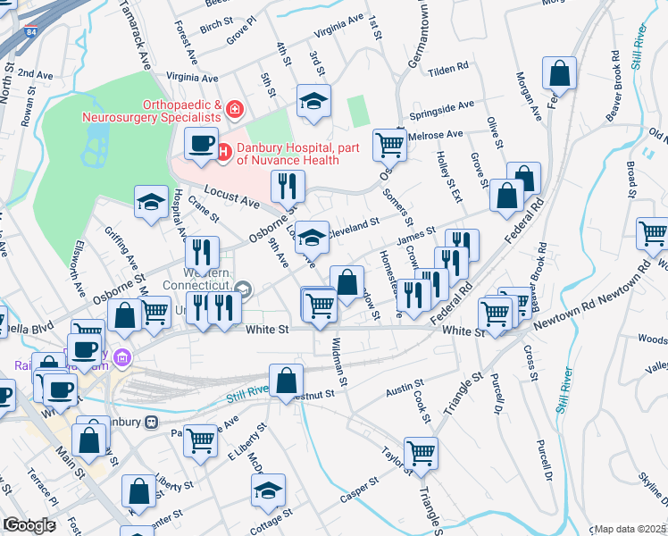 map of restaurants, bars, coffee shops, grocery stores, and more near 7 James Street in Danbury