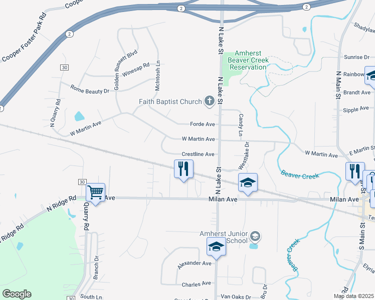 map of restaurants, bars, coffee shops, grocery stores, and more near 759 Crestline Avenue in Amherst