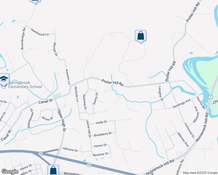 map of restaurants, bars, coffee shops, grocery stores, and more near 47A Potter Hill Road in Westerly