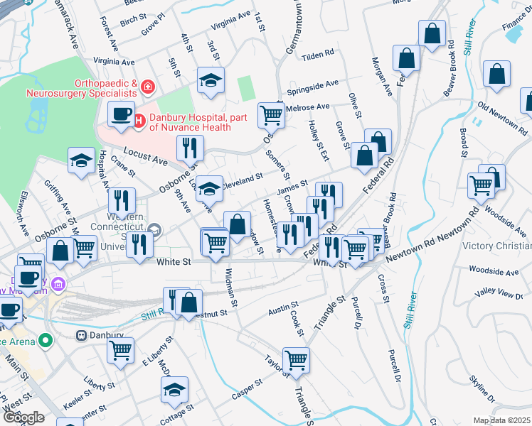 map of restaurants, bars, coffee shops, grocery stores, and more near 26 Homestead Avenue in Danbury
