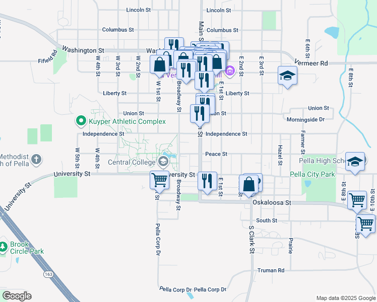 map of restaurants, bars, coffee shops, grocery stores, and more near 710 Peace Street in Pella