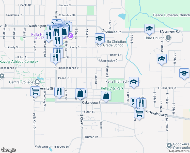 map of restaurants, bars, coffee shops, grocery stores, and more near 401 Hazel Street in Pella