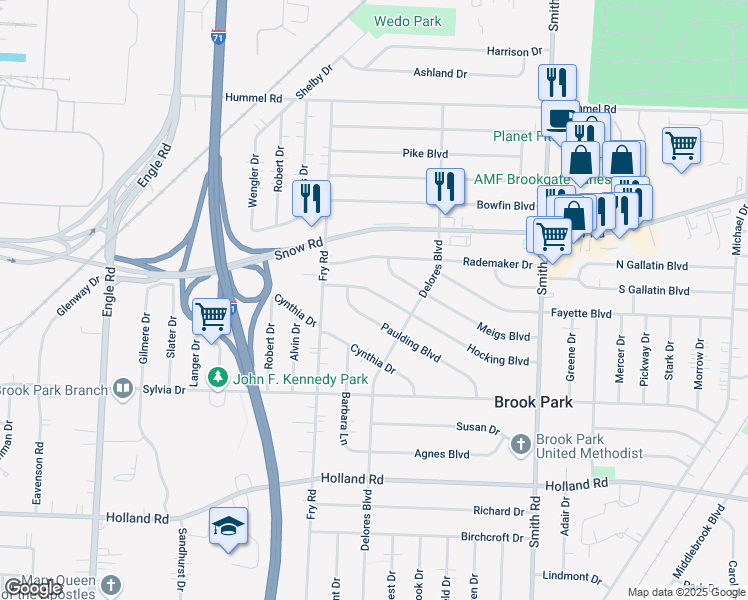 map of restaurants, bars, coffee shops, grocery stores, and more near 16161 Hocking Boulevard in Brook Park