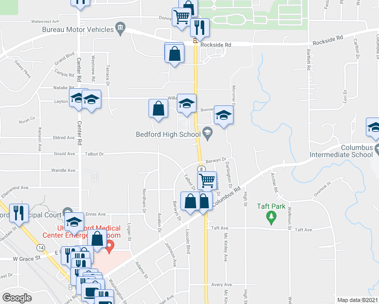 map of restaurants, bars, coffee shops, grocery stores, and more near 518 Northfield Road in Bedford