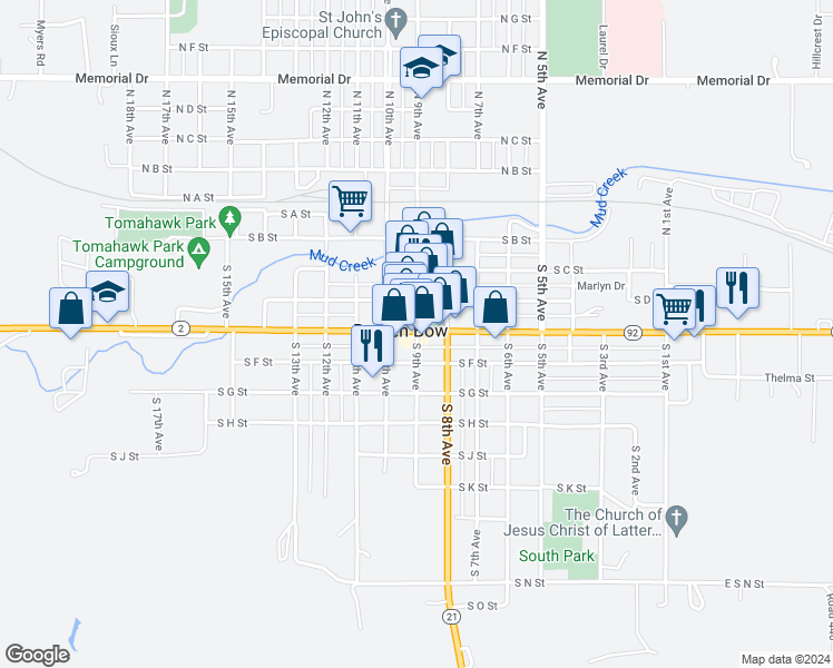 map of restaurants, bars, coffee shops, grocery stores, and more near 509 South 9th Avenue in Broken Bow