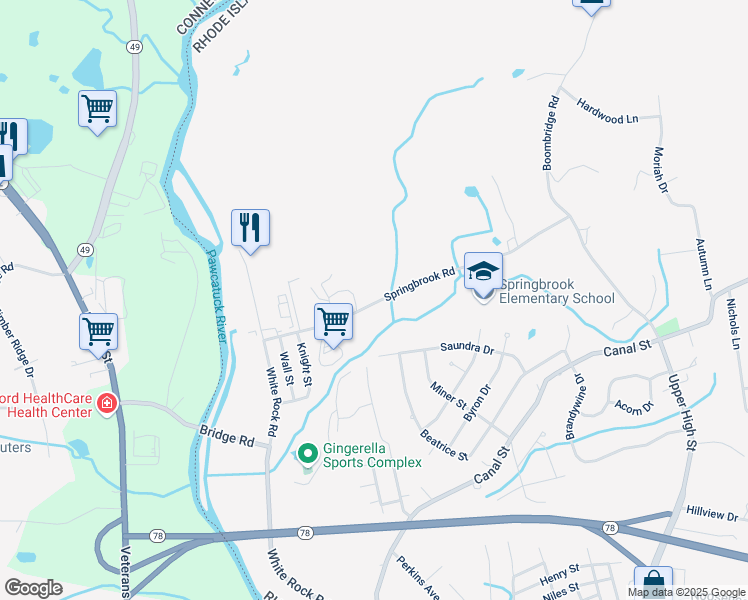 map of restaurants, bars, coffee shops, grocery stores, and more near 26 Springbrook Road in Westerly