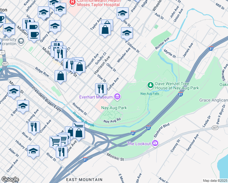 map of restaurants, bars, coffee shops, grocery stores, and more near 436-438 Colfax Avenue in Scranton