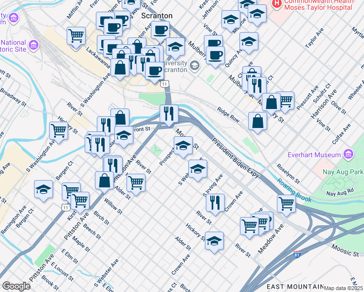 map of restaurants, bars, coffee shops, grocery stores, and more near 121 Donnelly Court in Scranton