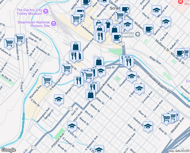 map of restaurants, bars, coffee shops, grocery stores, and more near 422 South River Street in Scranton