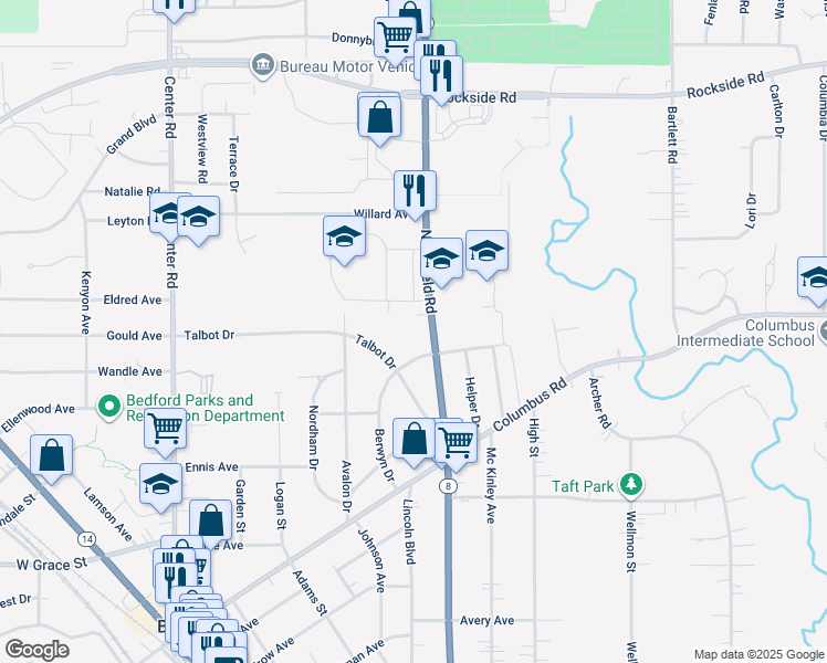 map of restaurants, bars, coffee shops, grocery stores, and more near 518 Northfield Road in Bedford