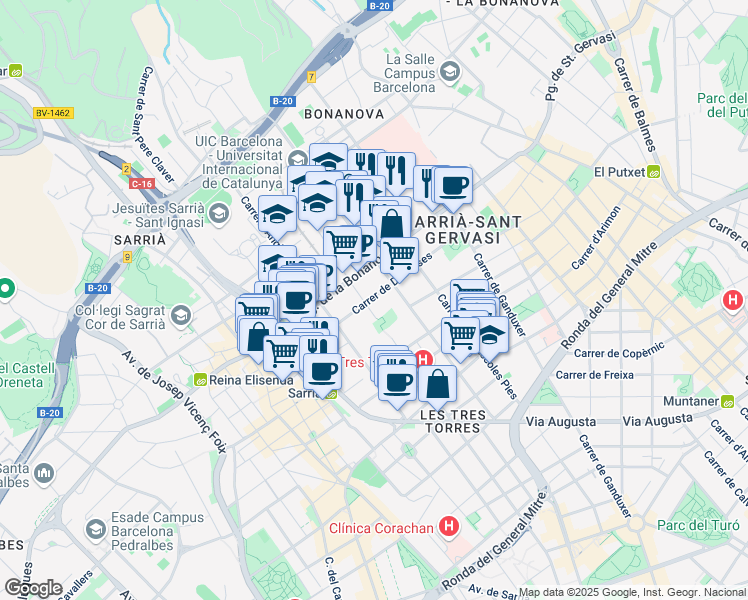 map of restaurants, bars, coffee shops, grocery stores, and more near 28 Carrer de Dalmases in Barcelona