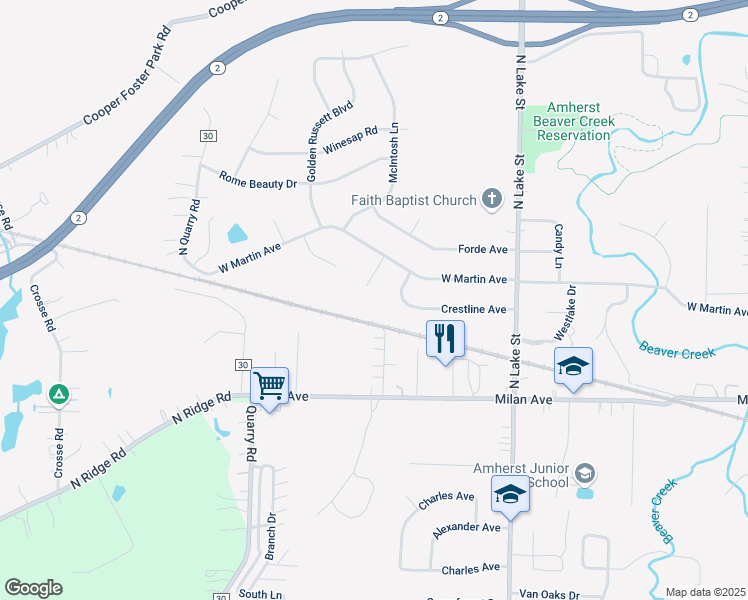 map of restaurants, bars, coffee shops, grocery stores, and more near 828 Crestline Avenue in Amherst