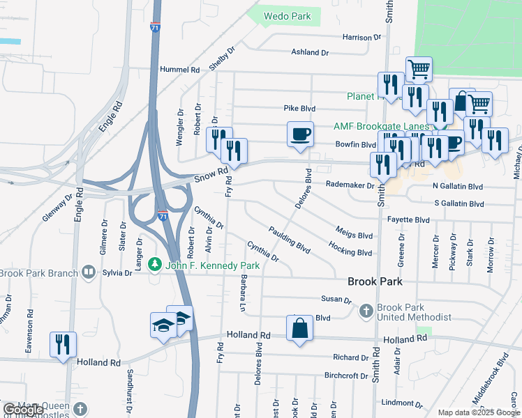 map of restaurants, bars, coffee shops, grocery stores, and more near 16161 Hocking Boulevard in Brook Park