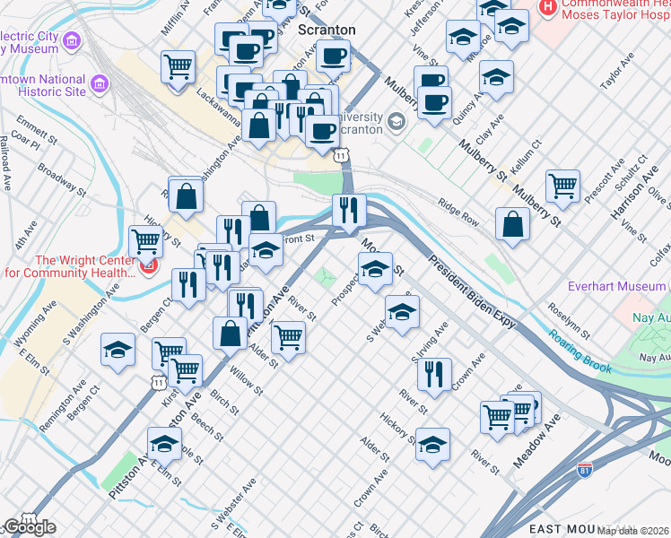 map of restaurants, bars, coffee shops, grocery stores, and more near 542 Hemlock Street in Scranton
