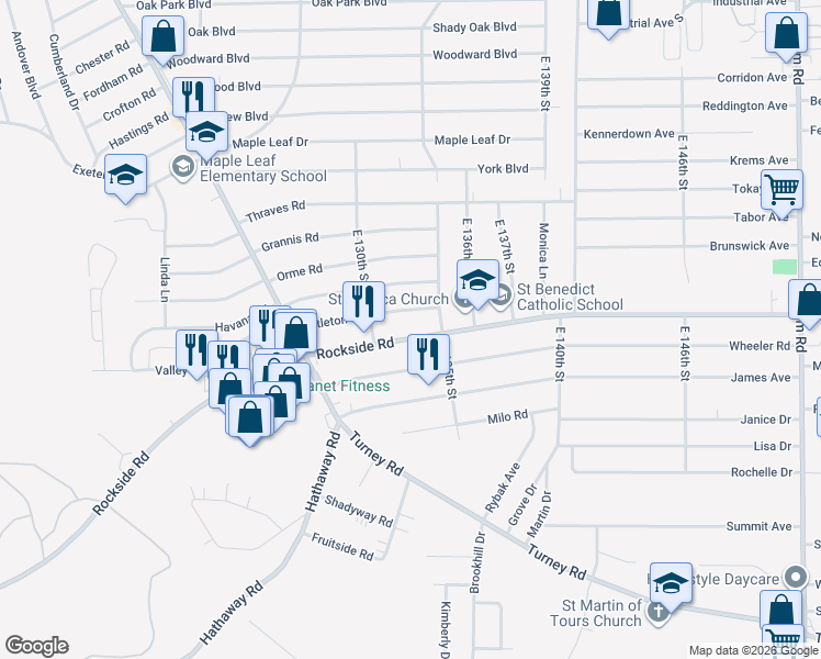 map of restaurants, bars, coffee shops, grocery stores, and more near 13205 Rockside Road in Garfield Heights