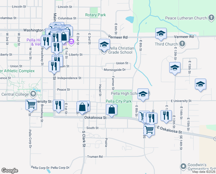 map of restaurants, bars, coffee shops, grocery stores, and more near 402 Prairie Street in Pella