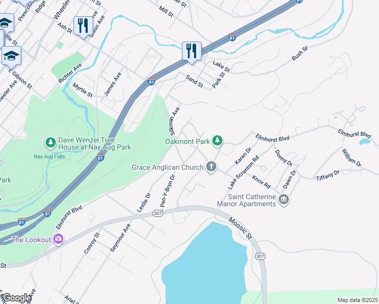 map of restaurants, bars, coffee shops, grocery stores, and more near 29 Pen-Y-Bryn Drive in Scranton