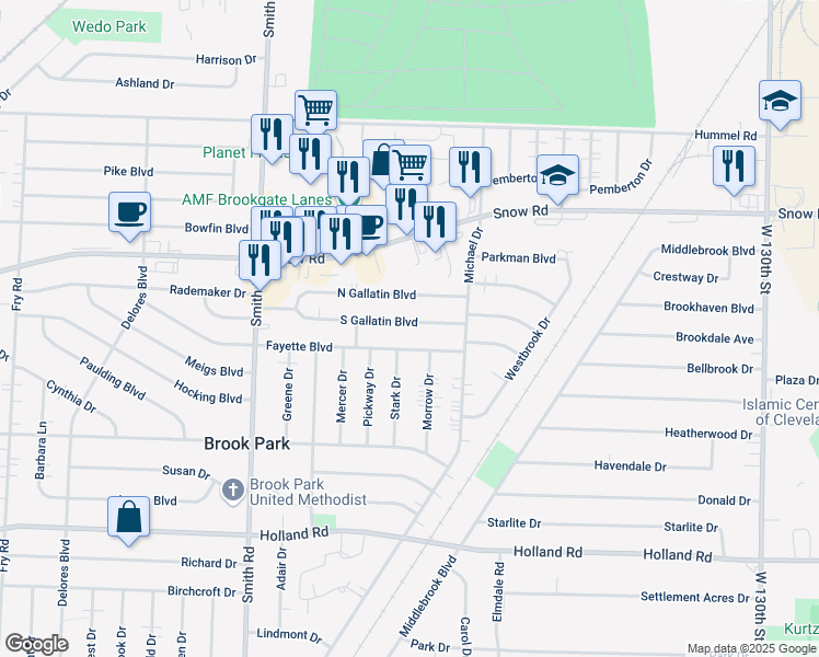 map of restaurants, bars, coffee shops, grocery stores, and more near 14638 Fayette Boulevard in Brook Park
