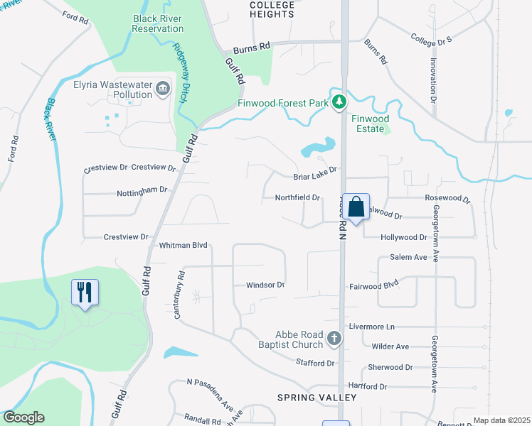 map of restaurants, bars, coffee shops, grocery stores, and more near 188 Meadow Drive in Elyria