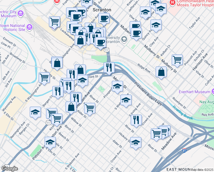 map of restaurants, bars, coffee shops, grocery stores, and more near 542 Hemlock Street in Scranton