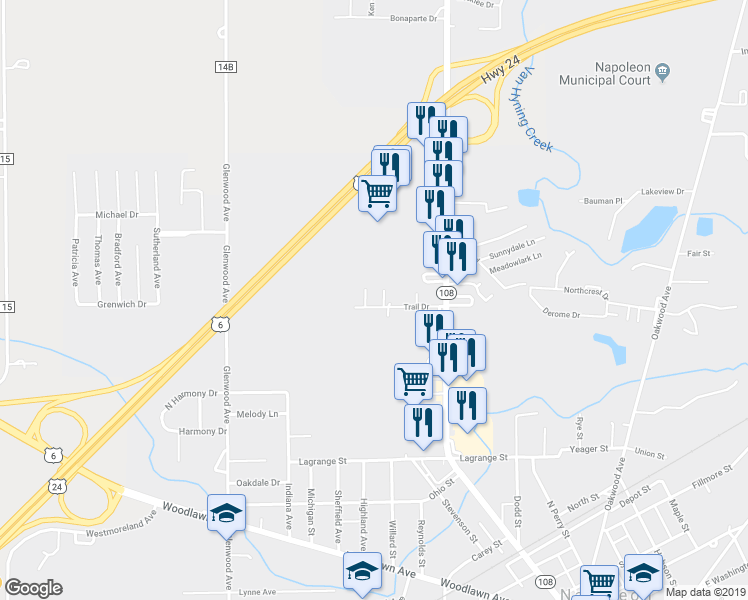 map of restaurants, bars, coffee shops, grocery stores, and more near 720 Trail Drive in Napoleon