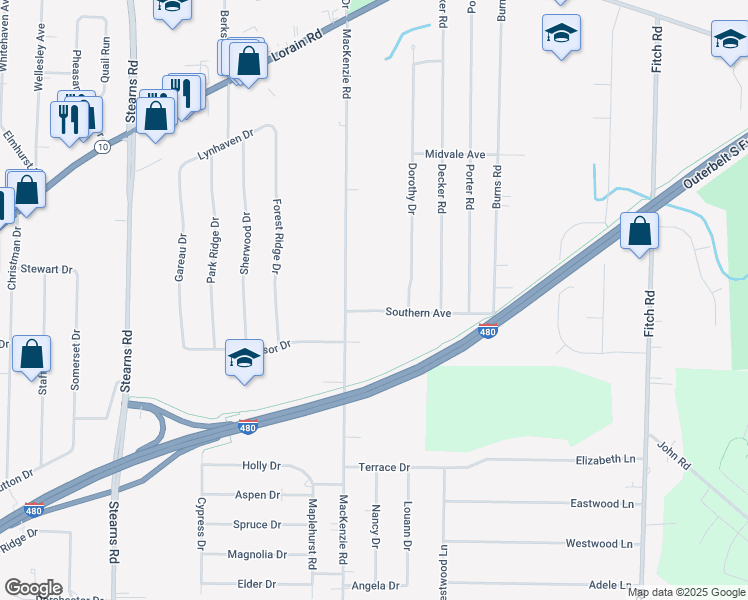 map of restaurants, bars, coffee shops, grocery stores, and more near 28080 Southern Avenue in North Olmsted