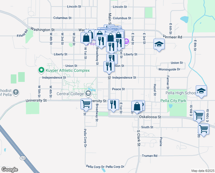 map of restaurants, bars, coffee shops, grocery stores, and more near 710 Peace Street in Pella