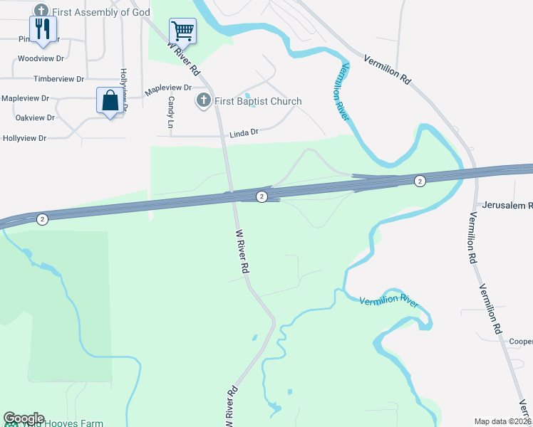 map of restaurants, bars, coffee shops, grocery stores, and more near 6885 West River Road in Vermilion