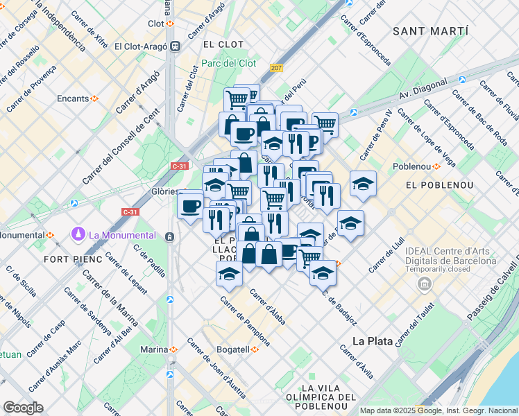 map of restaurants, bars, coffee shops, grocery stores, and more near 86 Carrer de Tànger in Barcelona