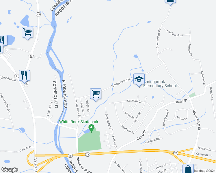 map of restaurants, bars, coffee shops, grocery stores, and more near 36 Springbrook Road in Westerly