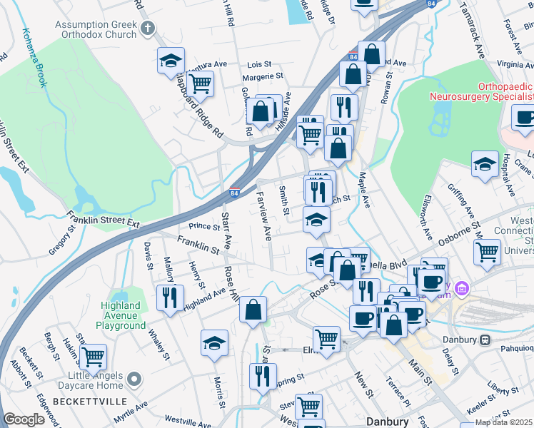 map of restaurants, bars, coffee shops, grocery stores, and more near 28 Farview Avenue in Danbury