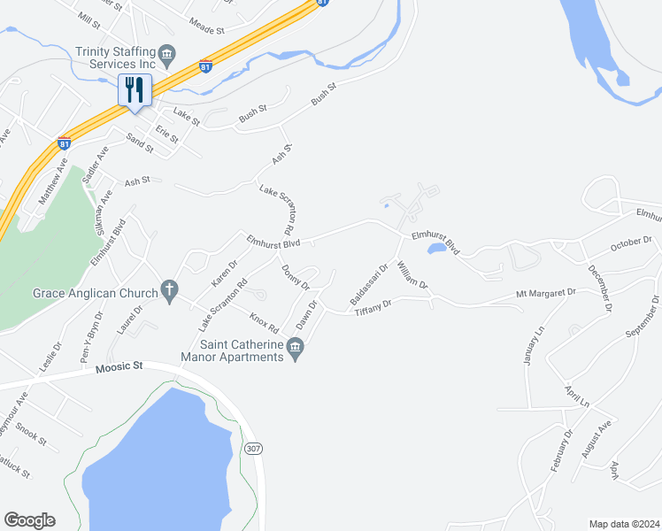 map of restaurants, bars, coffee shops, grocery stores, and more near 1 Donny Dr in Scranton