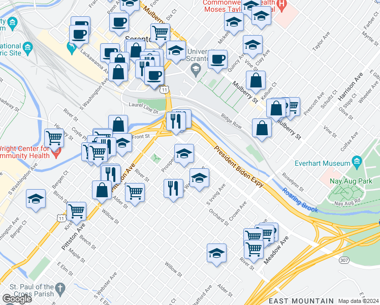 map of restaurants, bars, coffee shops, grocery stores, and more near 121 Donnelly Court in Scranton