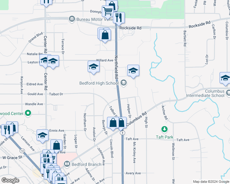 map of restaurants, bars, coffee shops, grocery stores, and more near 518 Northfield Road in Bedford