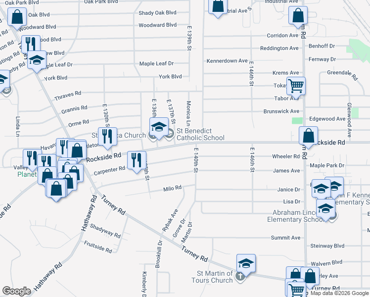 map of restaurants, bars, coffee shops, grocery stores, and more near 13821 Carpenter Road in Garfield Heights