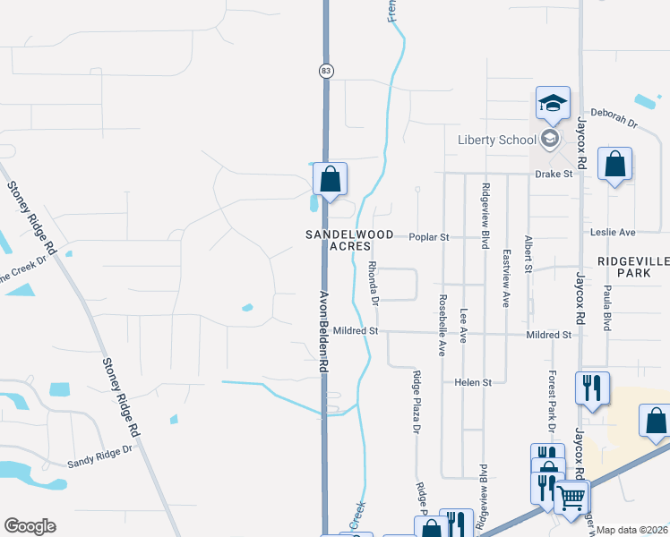 map of restaurants, bars, coffee shops, grocery stores, and more near 6087 Center Ridge Road in North Ridgeville