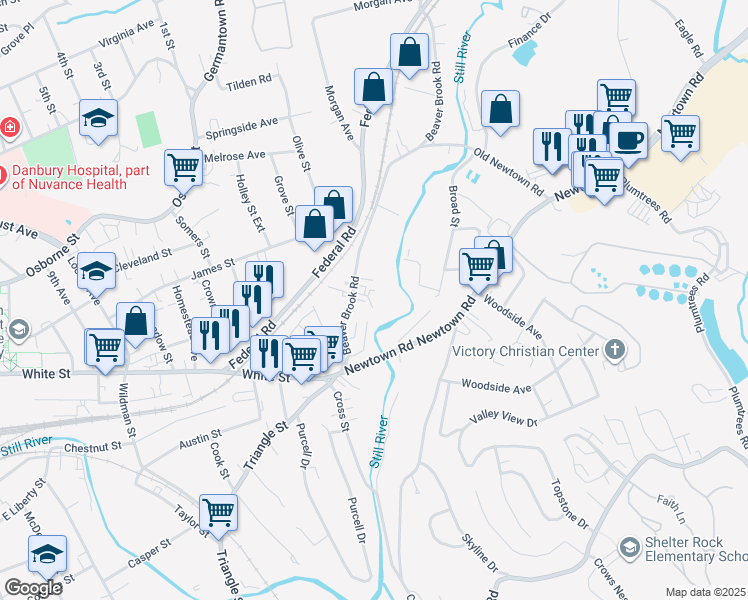 map of restaurants, bars, coffee shops, grocery stores, and more near 17 Beaver Brook Road in Danbury