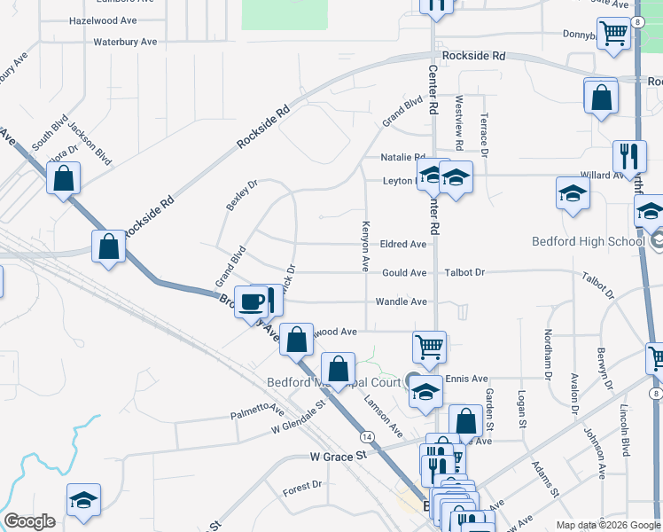 map of restaurants, bars, coffee shops, grocery stores, and more near 102 Gould Avenue in Bedford