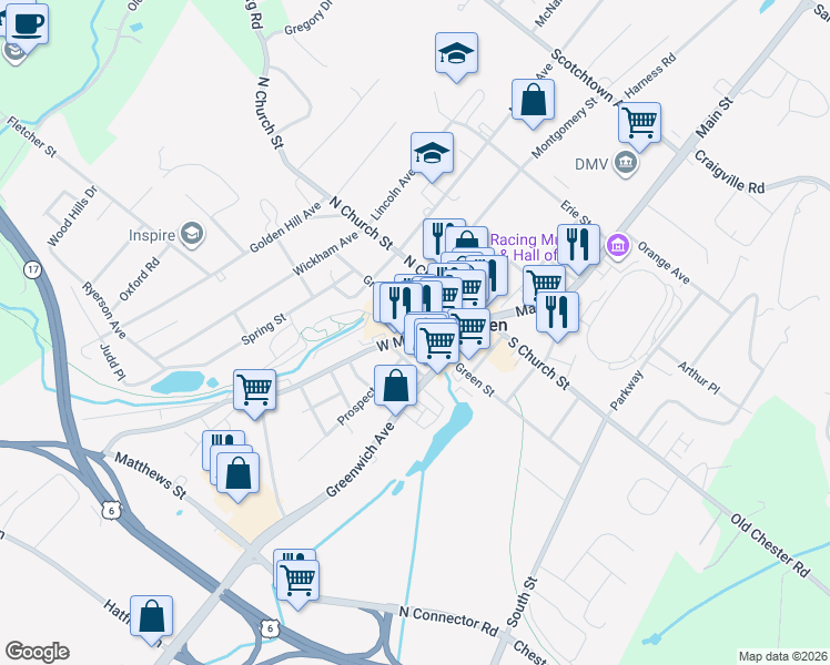 map of restaurants, bars, coffee shops, grocery stores, and more near 125 Main Street in Goshen