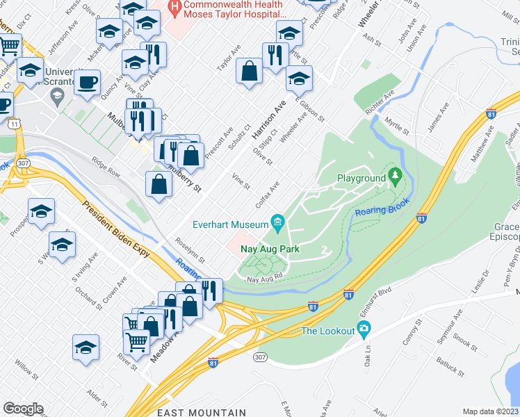 map of restaurants, bars, coffee shops, grocery stores, and more near 438 Colfax Avenue in Scranton