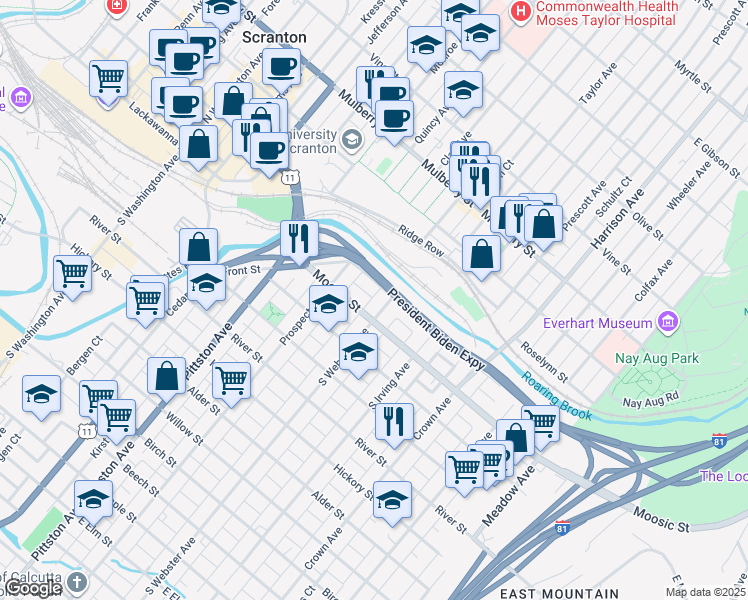 map of restaurants, bars, coffee shops, grocery stores, and more near 643 Moosic Street in Scranton