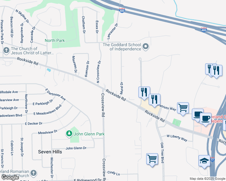 map of restaurants, bars, coffee shops, grocery stores, and more near 5947 Rockside Road in Seven Hills